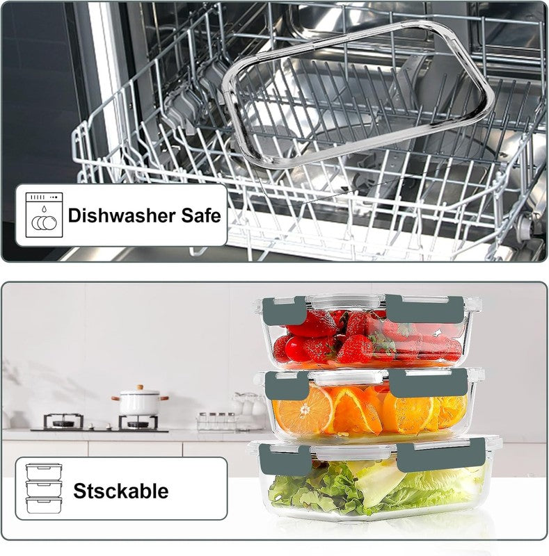 10 Pack Airtight Glass Meal Prep Containers Stackable Lids Grey4