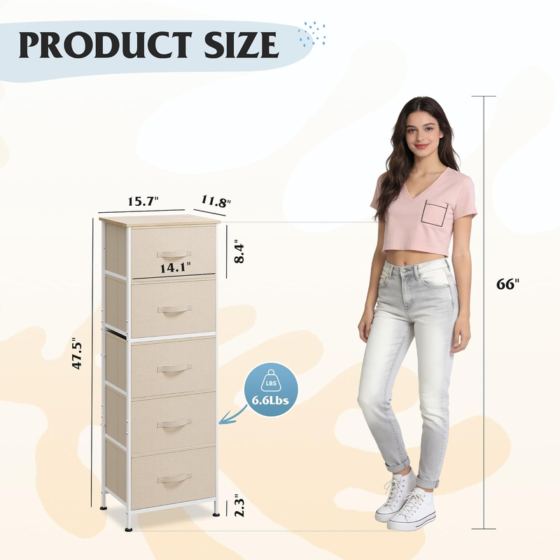 5 Drawer Fabric Dresser Storage Tower Steel Frame Wood Top Cream White2