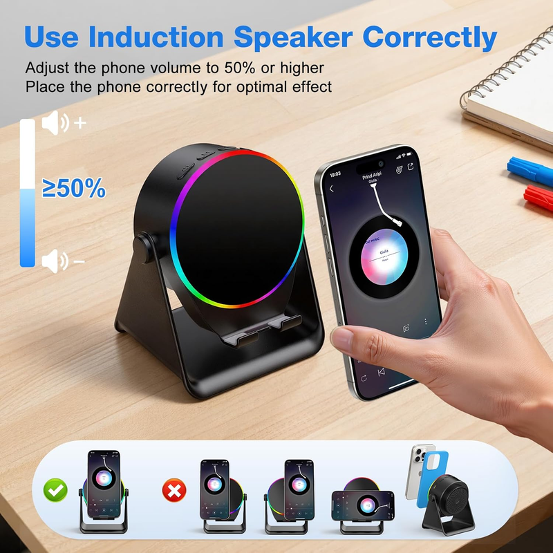 Wireless Induction Speaker, 5 in 1 Bluetooth Speaker with Cell Phone Stand, HD S2
