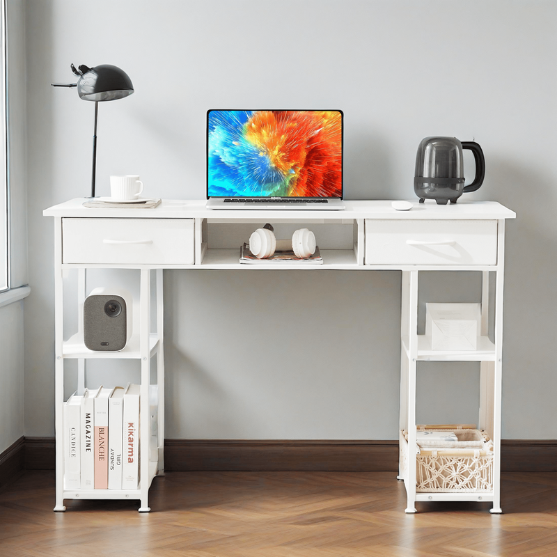 48" Small Desk w/ Fabric Drawers & Shelves Computer/Writing Desk White2