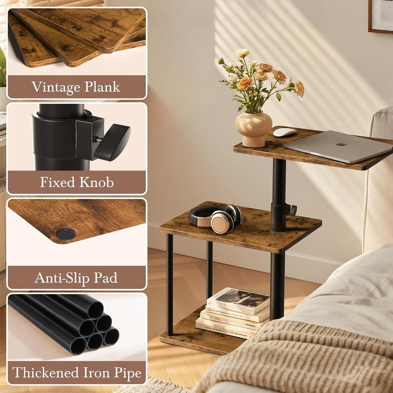 360° Swivel C Side Table 3-Tier Nightstand with Shelf Rustic Brown7