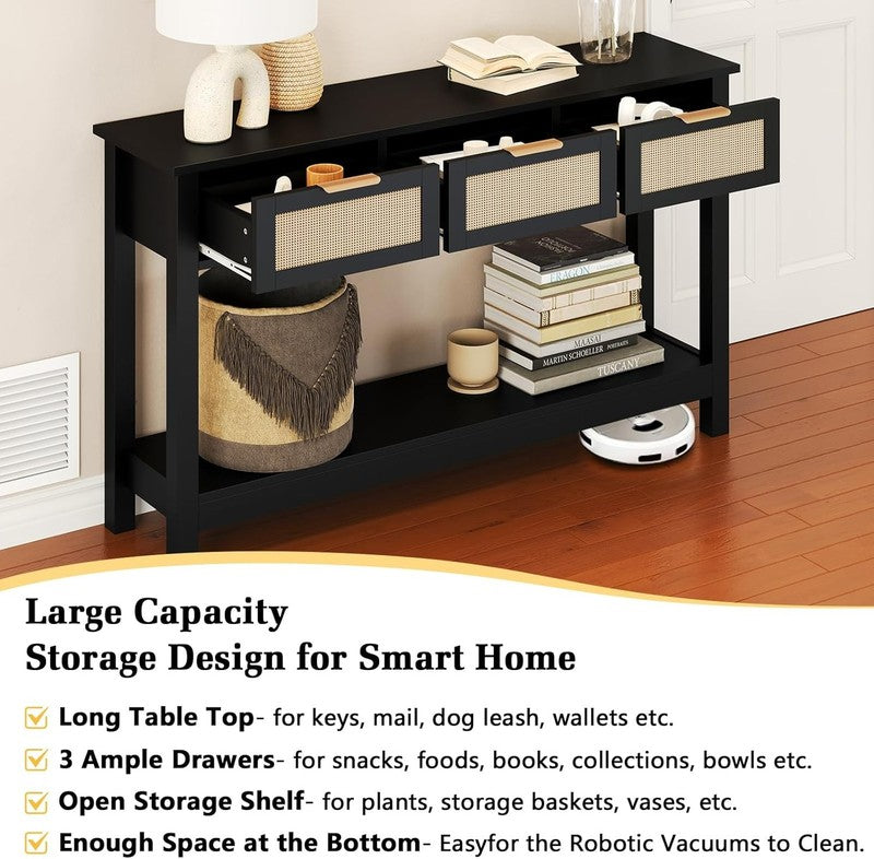 47'' Black Entryway Console Table 3 Rattan Drawers Open Shelf Sofa Table3