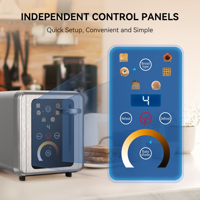 Touchscreen 2 Slice Toaster Stainless Steel Wide Slots Bagel Defrost 850W1