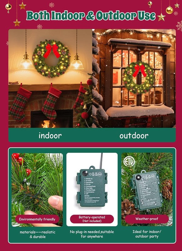 24" Pre-Lit Christmas Wreath Battery LED Pinecones Red Berries Front Door Decor4