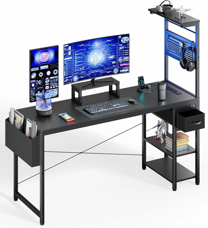 55" Gaming Desk w/ Adjustable Storage Rack, LED Lights & Power Outlets8