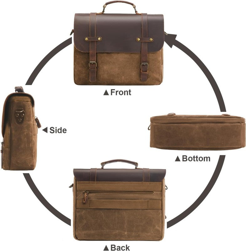 Mens Waxed Canvas Messenger Bag 16 Laptop Briefcase Leather Waterproof Satchel5