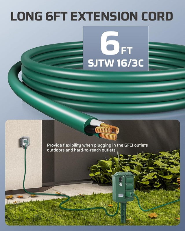 Outdoor Power Stake Timer Waterproof, 6 Grounded Outlets, 6FT Extension Cord, 106