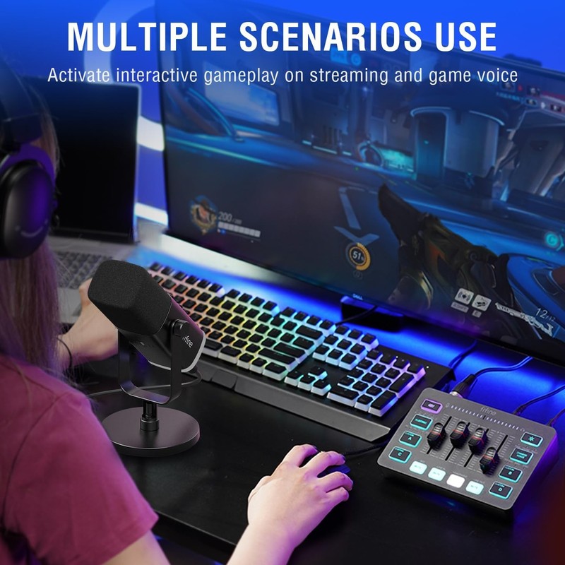 Gaming Mic & Audio Mixer Bundle USB/XLR RGB Streaming Set w/ Fader KS57