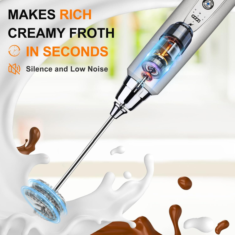 Milk Frother Handheld Rechargeable 3 Speed 3 Heads Silver Coffee Whisk5