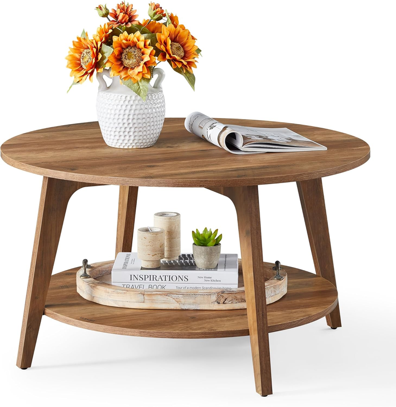 Round Coffee Table 2 Tier Storage Honey Brown 31.5in Living Room10