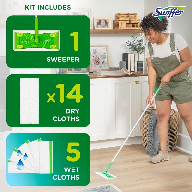 2 in 1 Sweeper Kit for Dry & Wet Floor Cleaning with Cloths Included4