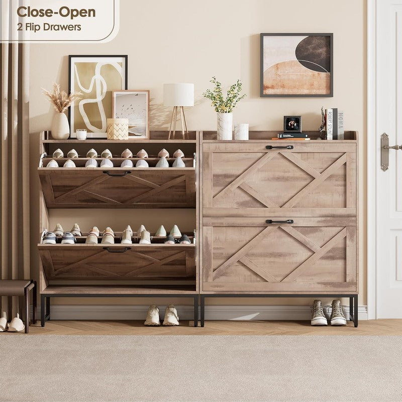 Shoe Cabinet 2 Flip Drawers Freestanding Slim Farmhouse Entryway Toasted Oak2