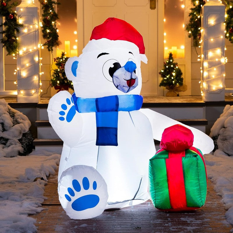 4 Ft Christmas Inflatable Polar Bear with Gift Decoration, Blow up Polar Bear wi3