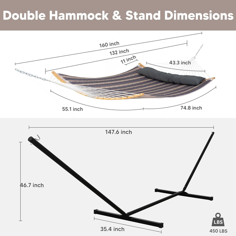 Double Hammock w/ Stand Curved Spreader Bar Carry Bag Gray Stripes5