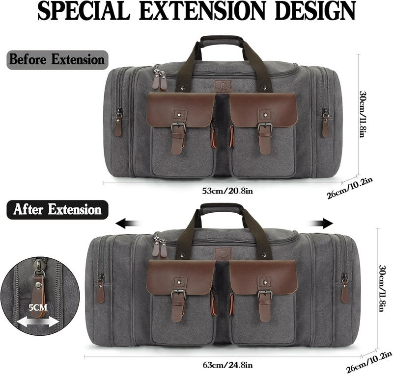 50L Canvas Travel Duffle Bag Expandable Leather Overnight Carry On1