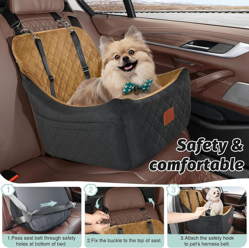 Dog Booster Car Seat up to 35lbs Washable Anti Slip w/ Leashes Black/Coffee6
