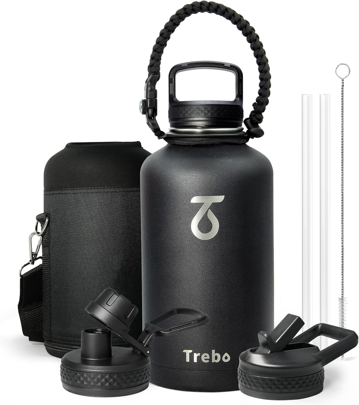 64oz Insulated Water Bottle Black   Triple Wall Vacuum, 3 Lids, Hot & Cold0