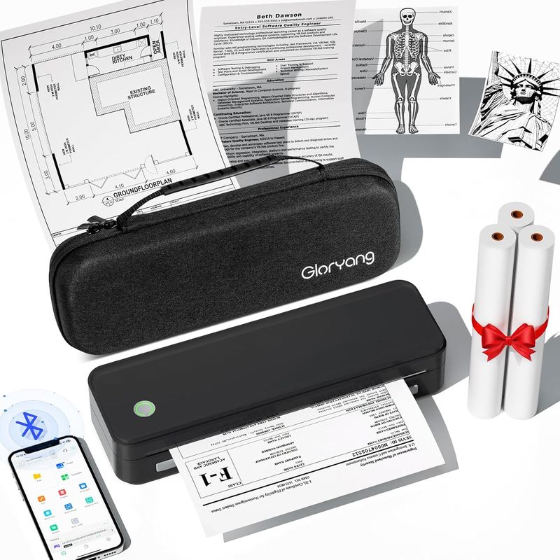 Portable Inkless Bluetooth Printer with Case & 3 Paper Rolls, Black0