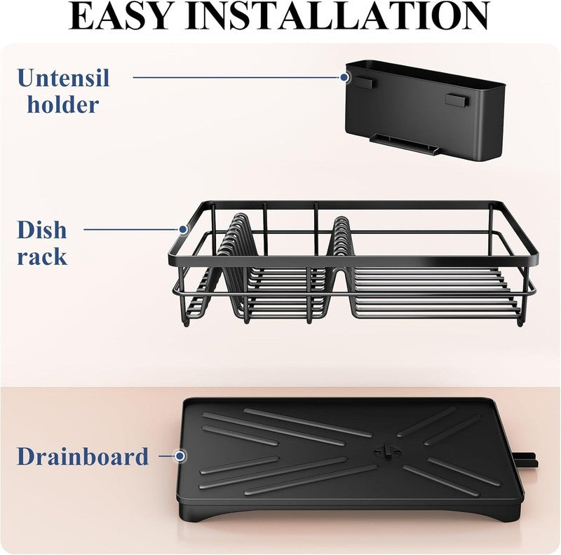 Large Rustproof Dish Drying Rack with Drainboard & Utensil Holder   Black6