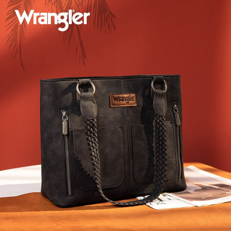 Wrangler Distressed Tote Bag Women Western Purse Multi Pocket Shoulder Bag Black2