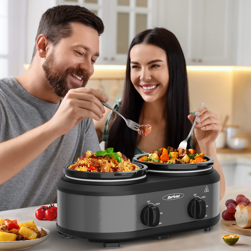 Small Double Slow Cooker, 2 Pot 1.25 Quart Oval Crock Food Warmer Buffet Server,2