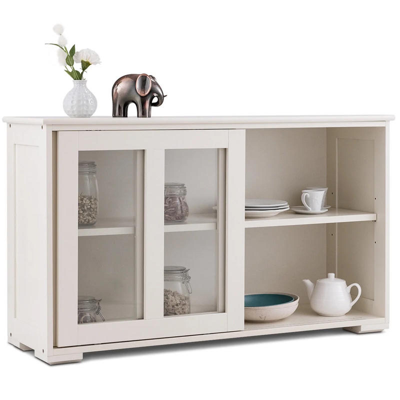 Off-White Kitchen Sideboard Buffet Storage Cabinet with Glass Sliding Doors10