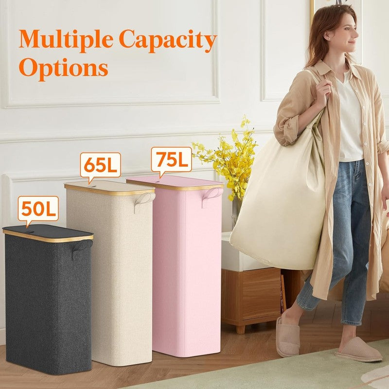65L Narrow Laundry Hamper with Lid & Removable Bag, Foldable Clothes Basket6