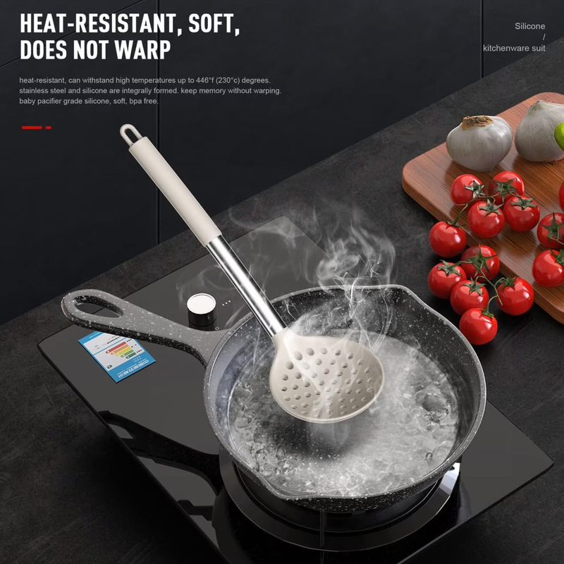 Large Silicone Kitchen Utensil Set Heat Resistant Nonstick Khaki8