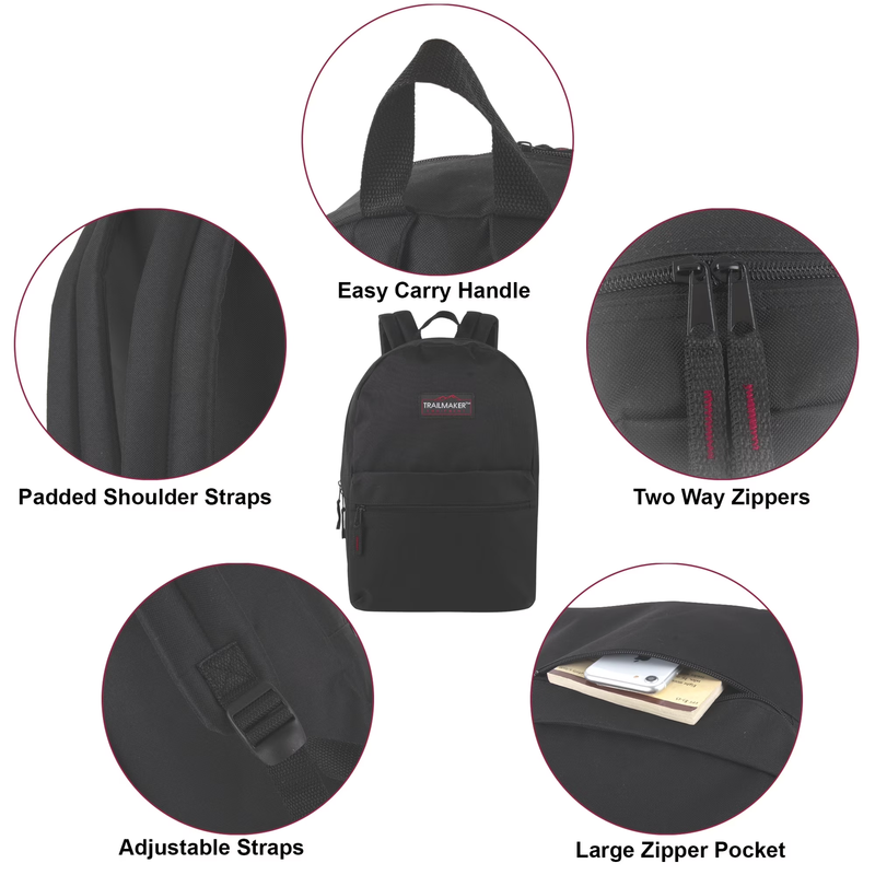 Black Classic Backpack 17" Dual Zipper School Travel Bag3