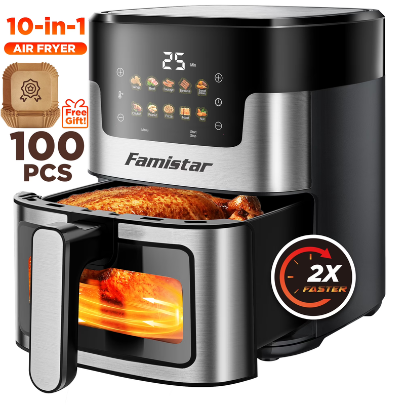 7.5QT Air Fryer Oven, 10-in-1, LED Touch, 10 Presets, w/ Basket & 100 Liners0