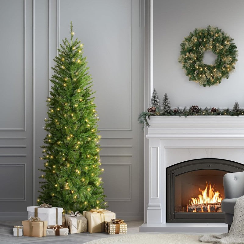 Pre-Lit Kingswood Fir Slim Christmas Tree 6.5Ft  250 Clear Lights Green2