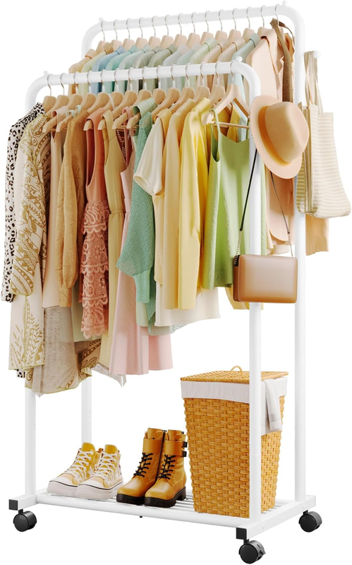 Clothes Rack with Double Rods, Mesh Shelf & Wheels, Metal Garment Rack White9