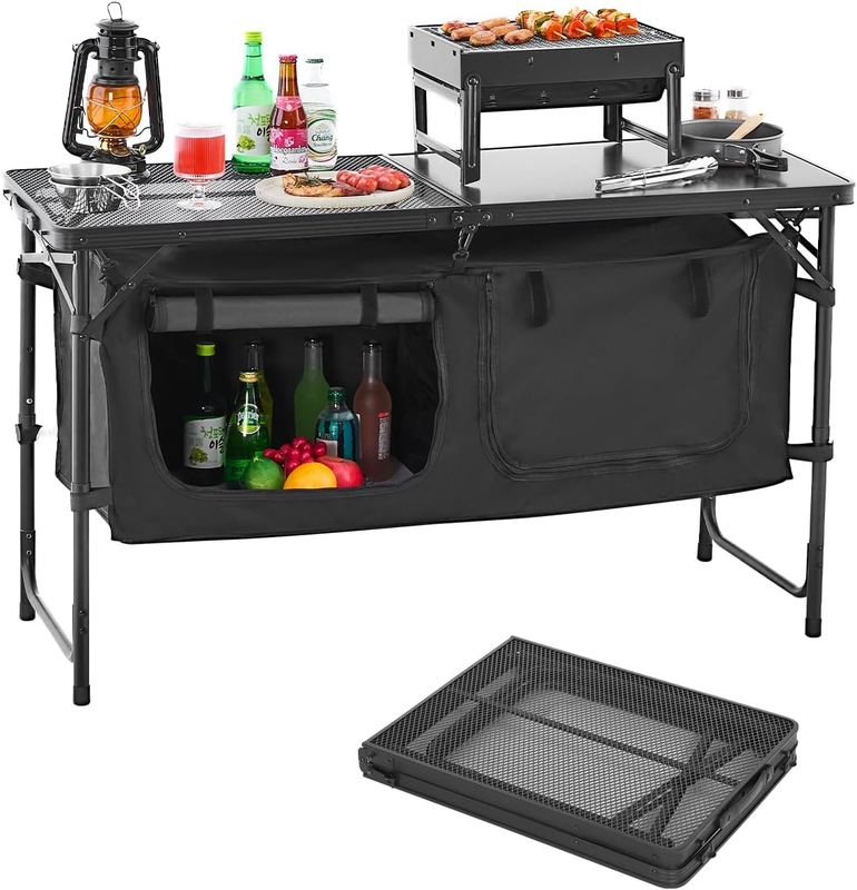 Camping Kitchen Table Folding Adjustable Height Cooking Station BBQ Storage Blac11