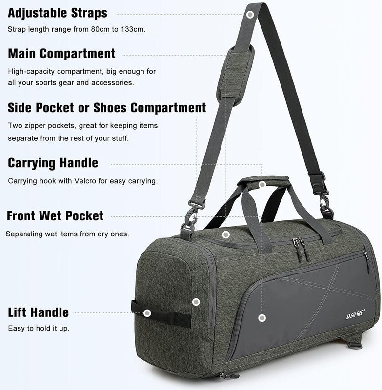 45L 3 Way Duffle Backpack Gym Bag Wet Pocket Shoes Compartment Travel3