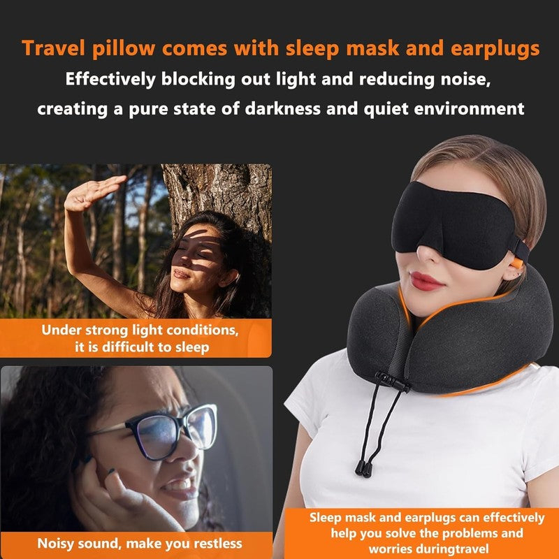 Memory Foam Travel Neck Pillow Kit w/ Eye Mask, Earplugs, Bag – Black2