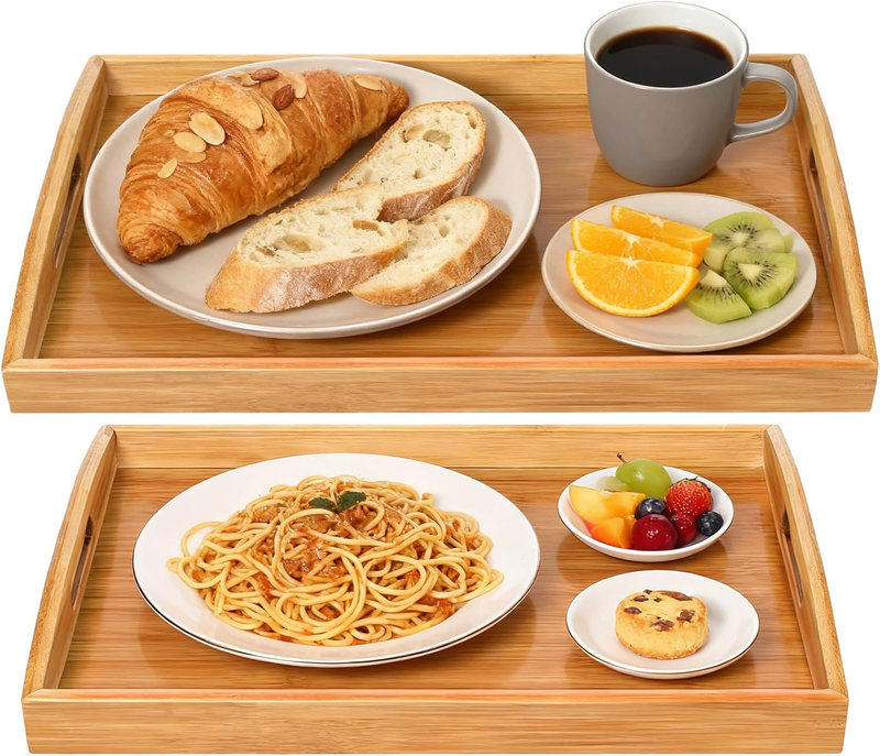 2 Pack Bamboo Serving Tray with Handles, Portable Bed Tray for Breakfast Dinner,10