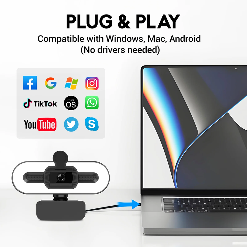 4K HD USB Webcam with Ring Light Autofocus Dual Mics for PC Laptop Gaming7