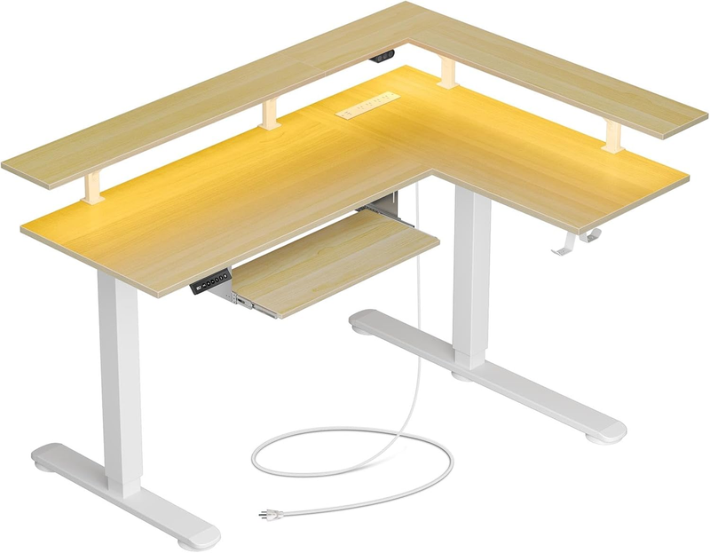 L Shaped Electric Standing Desk w/ Keyboard Tray LED Power Beige0