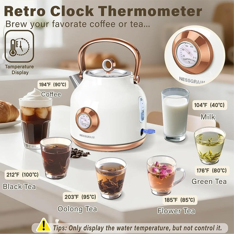 Retro Electric Kettle 1.7L 1500W Stainless Steel Temp Gauge LED White1