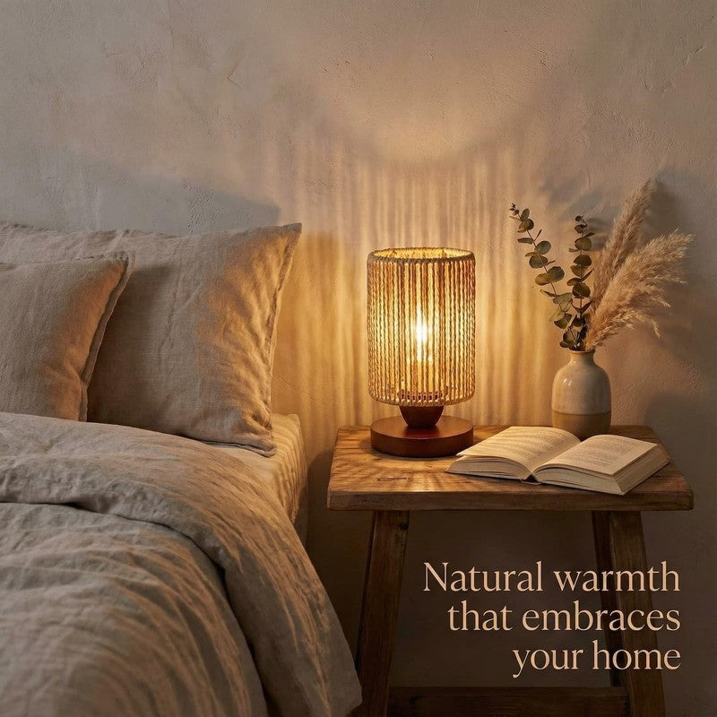 Small Rattan Table Lamp Boho Bedside Night Light Wood Base LED 8.6in6
