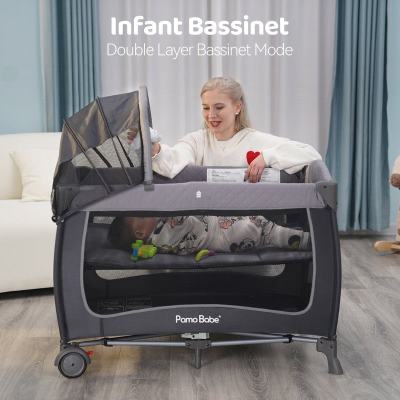Unisex Portable Baby Play Yard Grey w/ Wheels Canopy Changing Table Newborn0