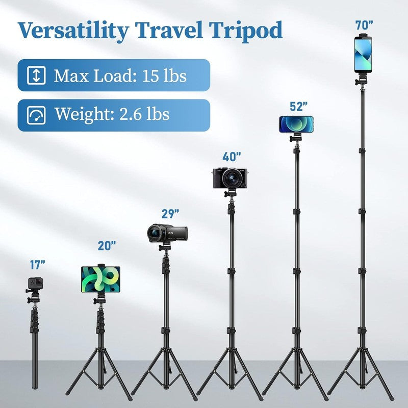 70'' Phone Tripod Selfie Stick w Remote, Aluminum Stand Phone Samsung GoPro5