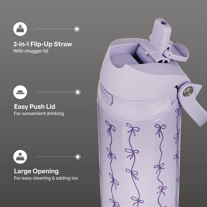 24oz Insulated Stainless Steel Water Bottle 2-in-1 Straw and Chug Lid Purple Bow2