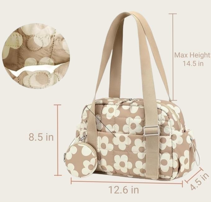 Mini Gym Bag Women Quilted Duffel Wet Compartment Coin Purse Brown Flower2