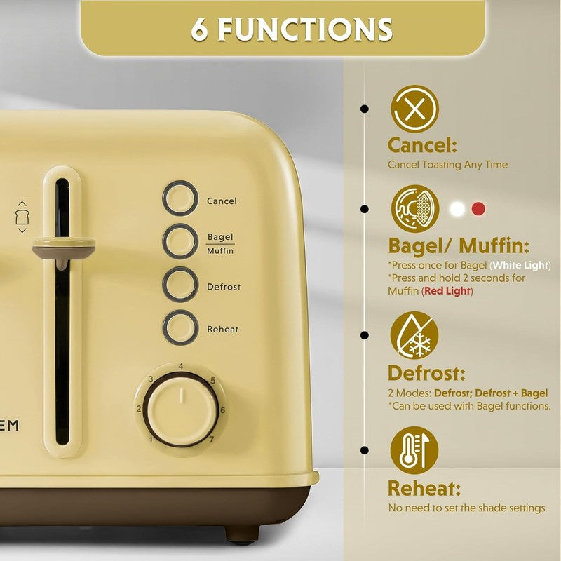 Retro 4 Slice Toaster 1800W Extra Wide Slots 7 Shade Bagel Stainless Yellow1