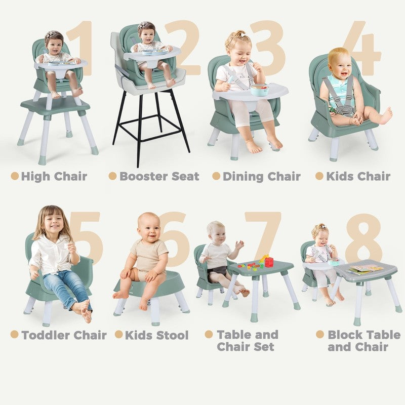 8 in 1 Baby High Chair, Toddler Dining Booster Seat for Eating, Green1