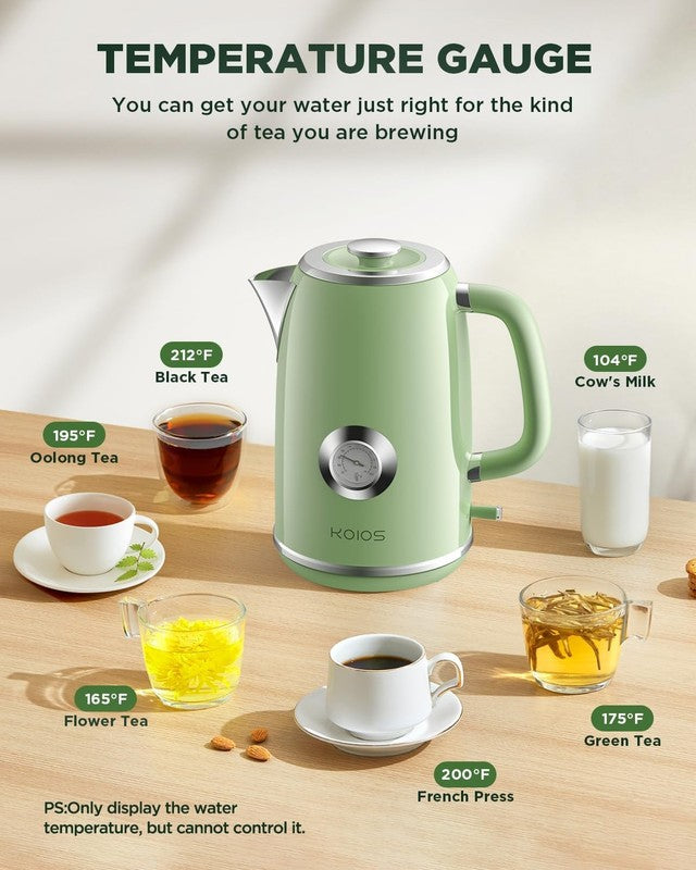 Electric Kettle 1.8L 1500W Stainless Steel Retro w/ Temp Gauge LED Auto Shut Off2