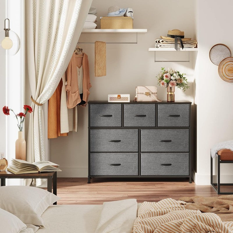 7 Drawer TV Stand Dresser Dark Grey Metal Frame Wood Top Storage Chest1