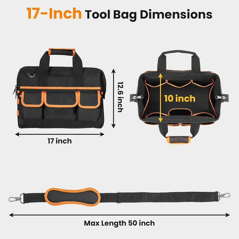 17" Heavy Duty Tool Bag Multi-Pocket Waterproof Organizer Black-Orange2