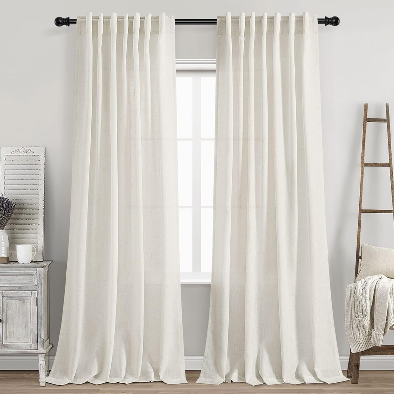 84 Inch Linen Curtains Set – Neutral Farmhouse Semi-Sheer Drapes7